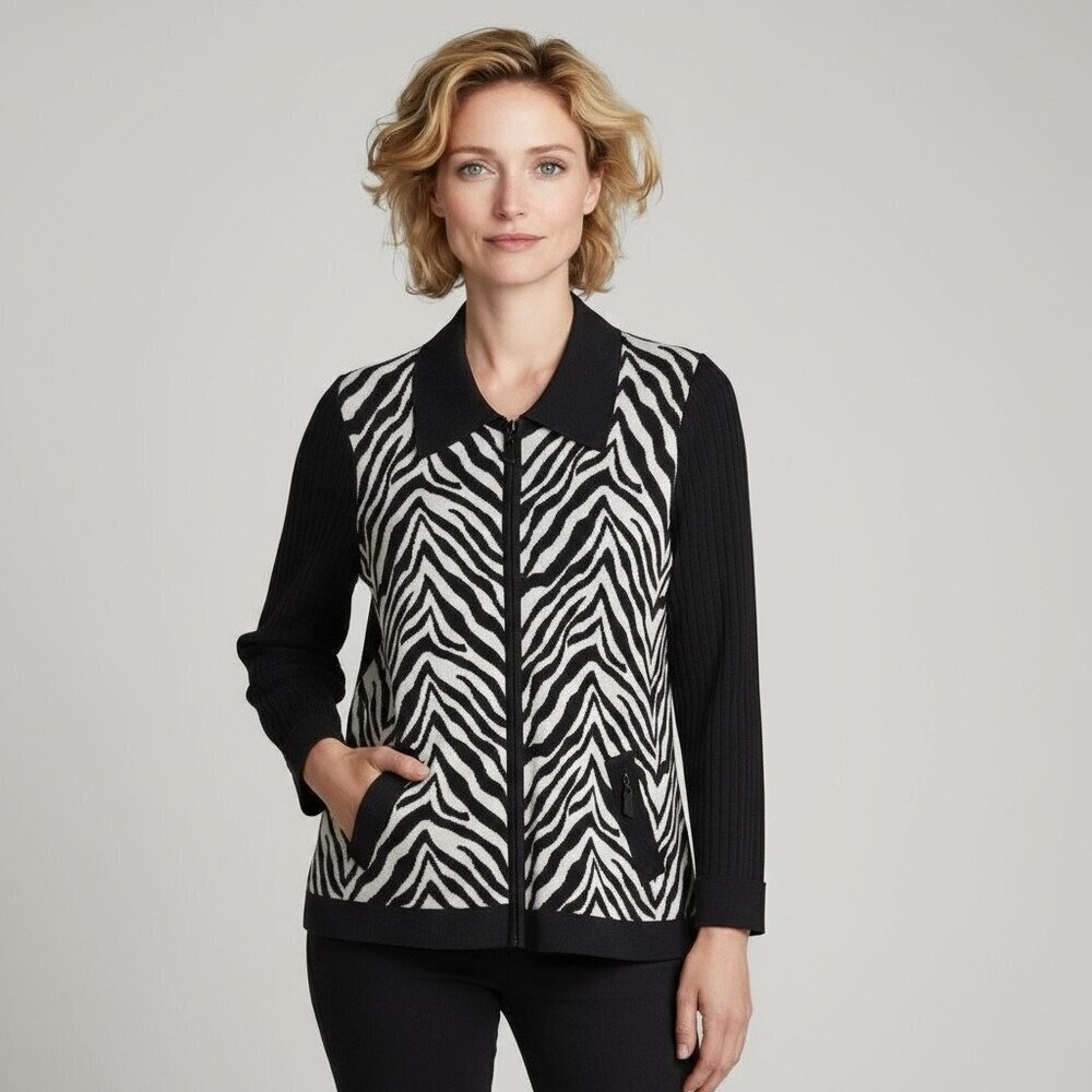 Misook Black & White Zebra Print Knit Jacket – Size Small Petite